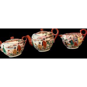 Vintage Japanese Tea Set With Scenic Geisha Designs & Hand-Painted Floral Motifs